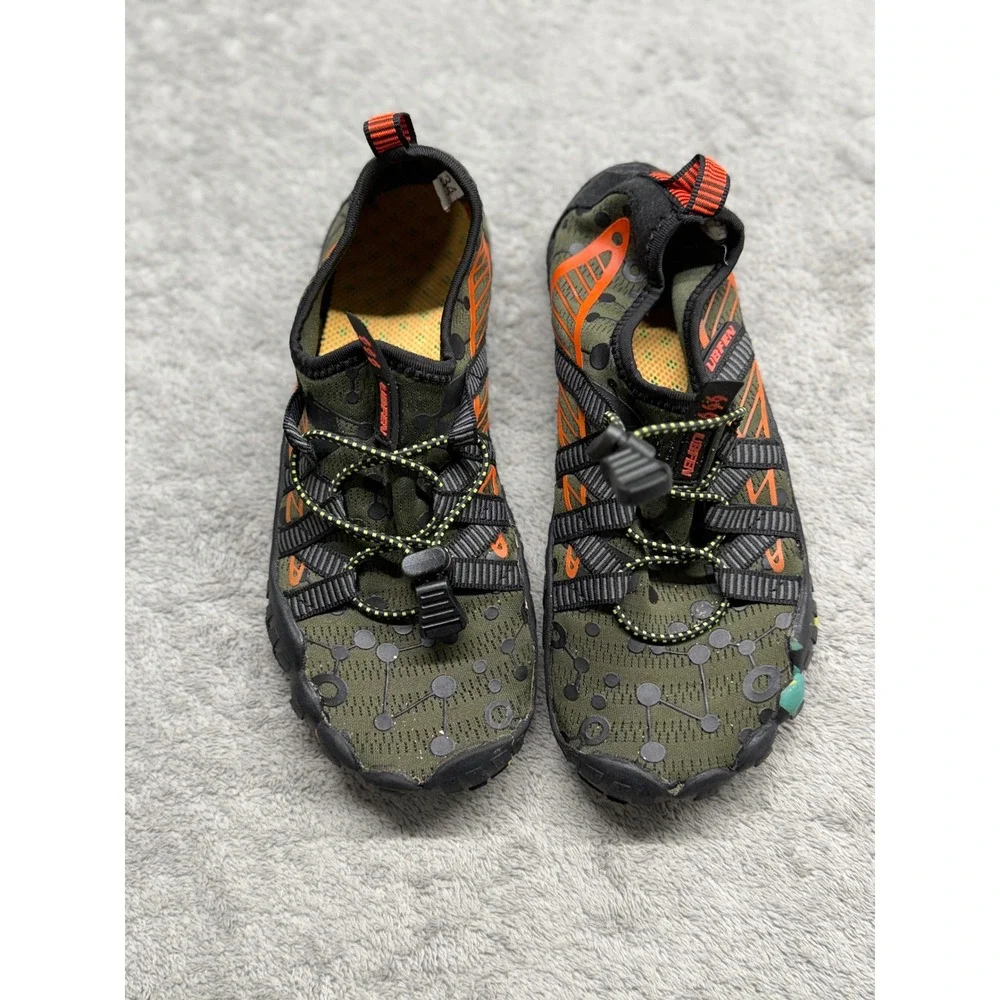UBFEN Kids Barefoot Water Shoes Olive Green Orange Size 34 Bungee Lace Athletic